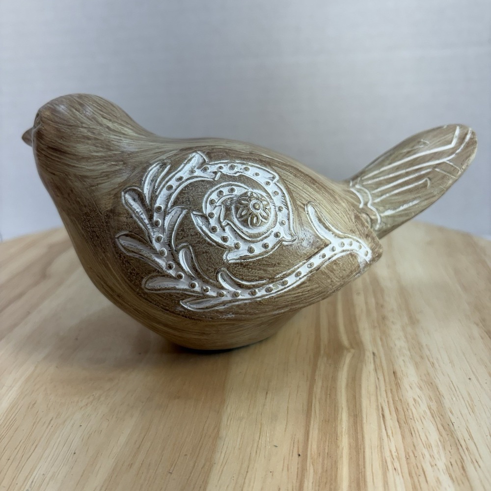Hobby Lobby Hand Painted Bird Figurine Matte Floral Pattern Brown White 7in
